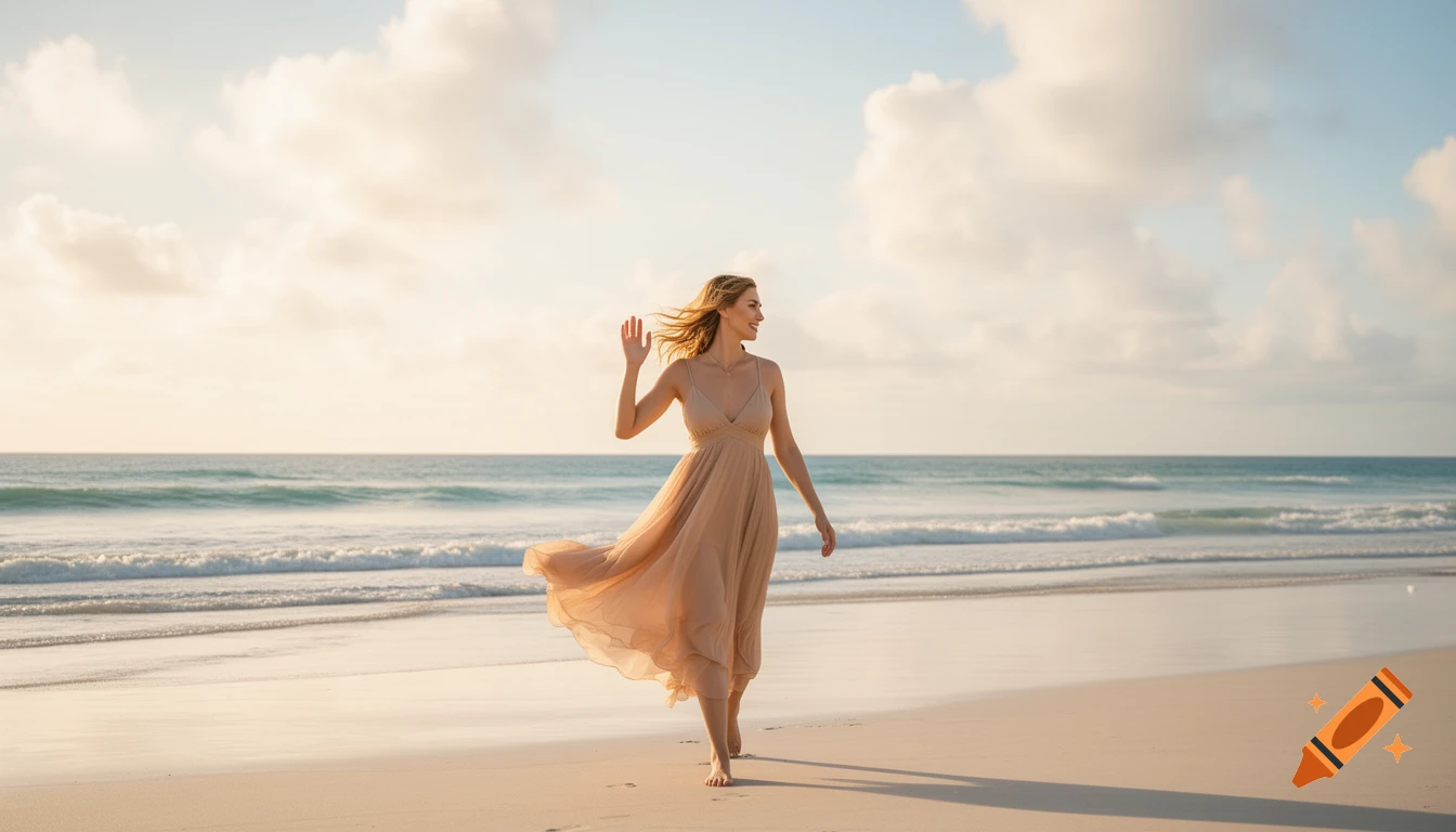 A woman in a flowing beige dress walks barefoot on a sunny beach, waving with the ocean and clouds in the background.