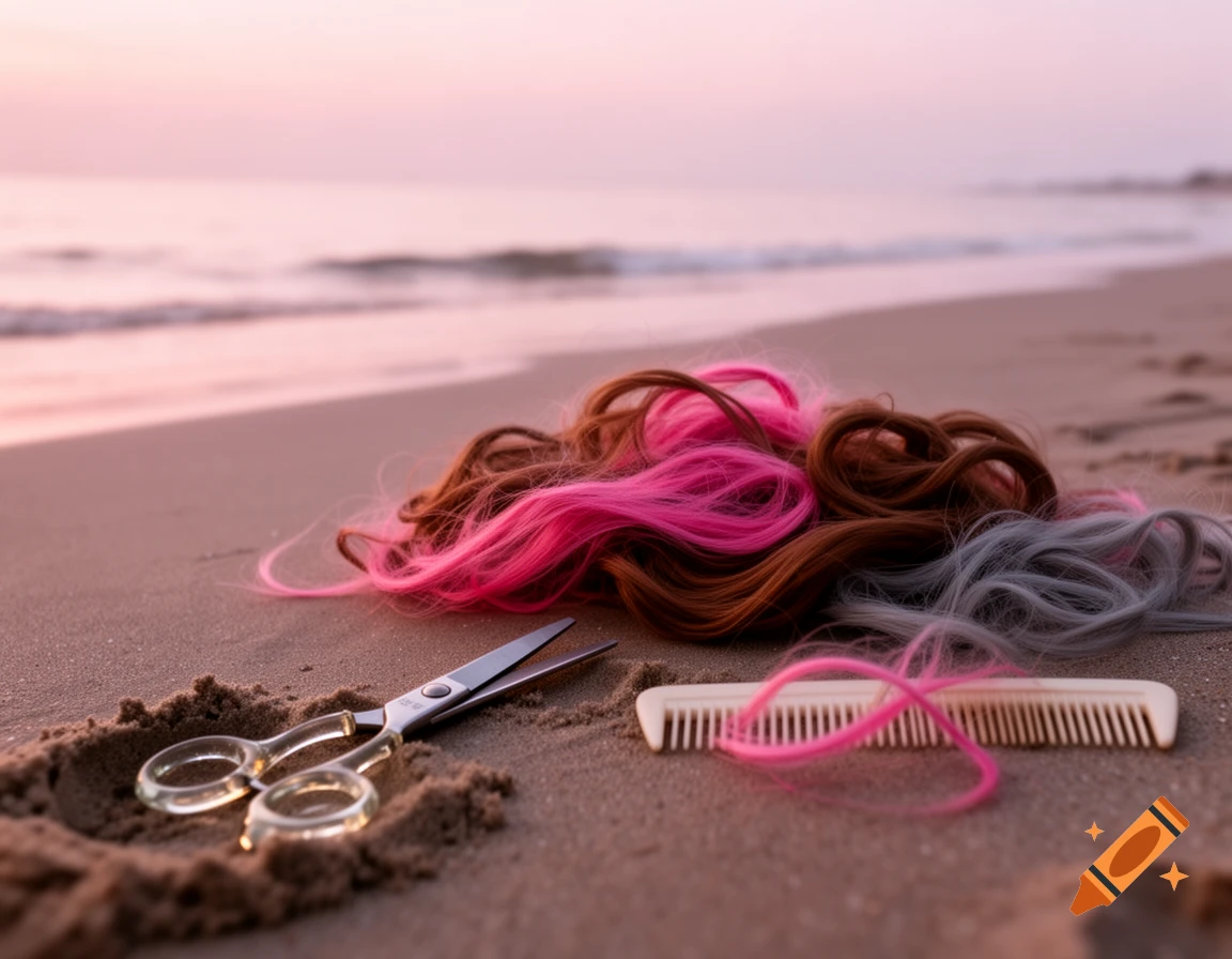 Colorful pink, brown, and grey hair strands, a comb, and scissors lie on a sandy beach at sunset.