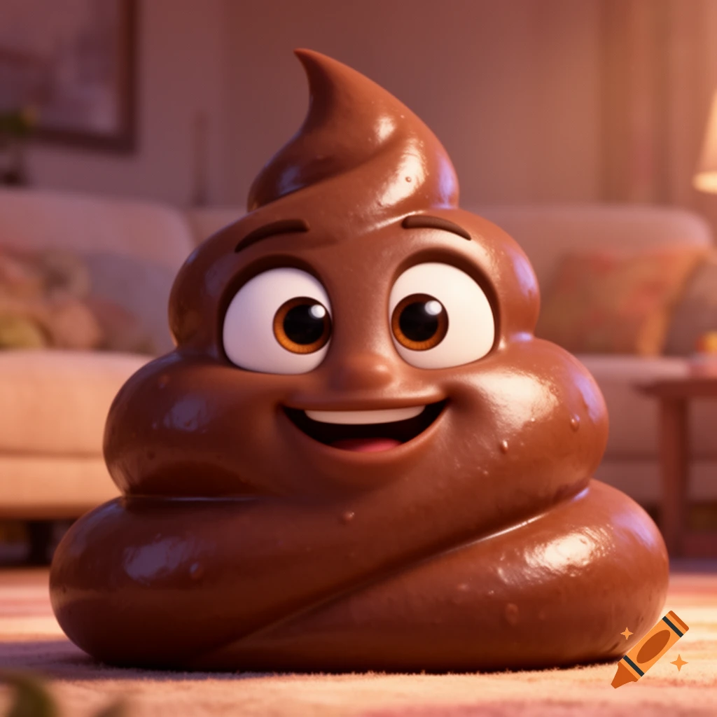 A smiling 3D cartoon poop emoji character with big eyes, in a cozy, softly lit living room.