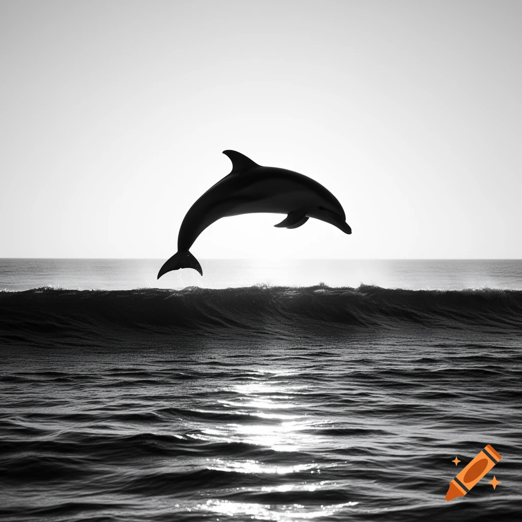 A black and white silhouette of a dolphin leaping over an ocean wave against a bright sky.