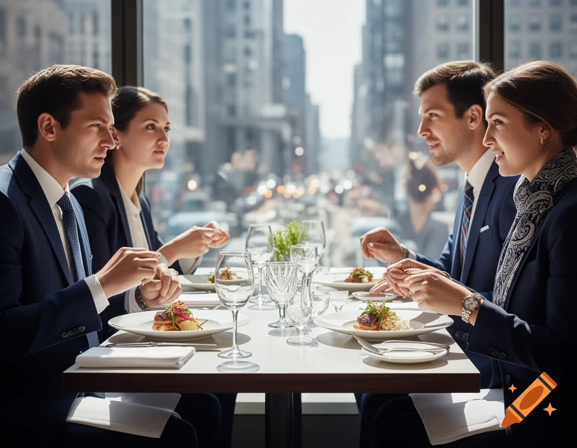 Four business professionals enjoy a photorealistic lunch in an elegant city restaurant overlooking a bustling street.