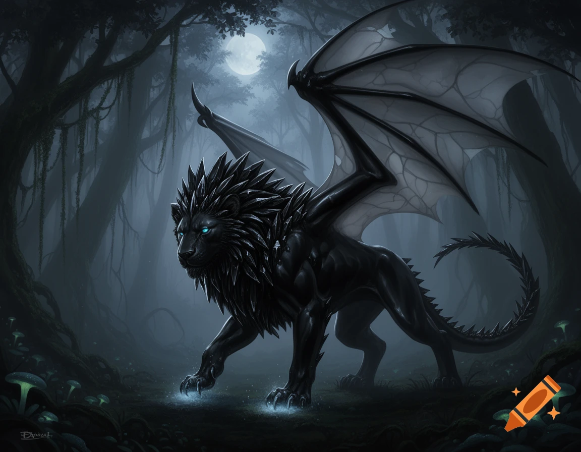 An obsidian manticore with glowing blue eyes and paws stands in a dark, misty forest under a full moon, with glowing mushrooms.