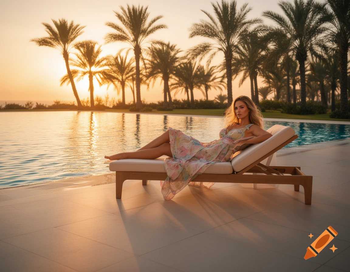 Woman in a floral dress relaxing on a lounge chair by an infinity pool with palm trees at sunset, photorealistic.