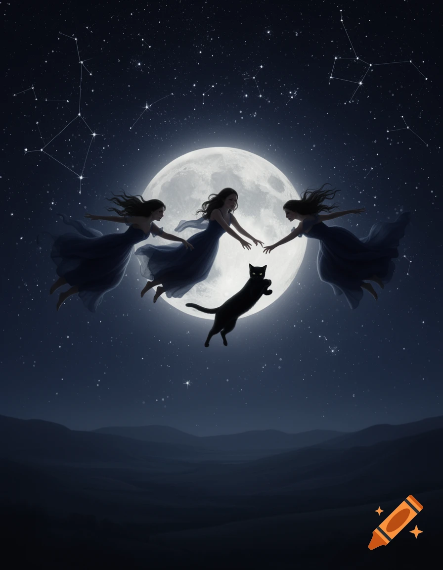 Three women in flowing dresses fly under a starry night sky with a full moon, reaching for a black cat.