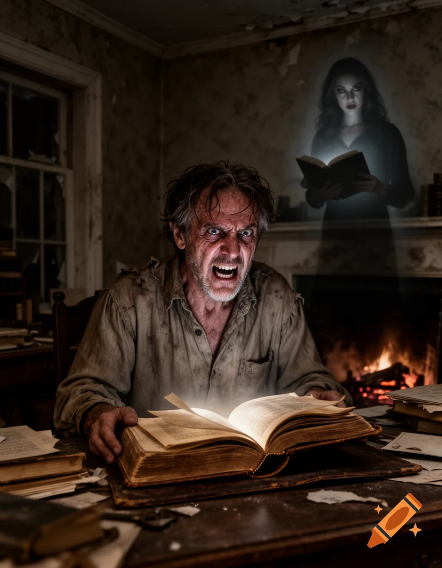 A terrified man with a wild expression screams over an ancient, glowing book, while a translucent female ghost holding a similar glowing book watches from behind him in a dark, dilapidated room.