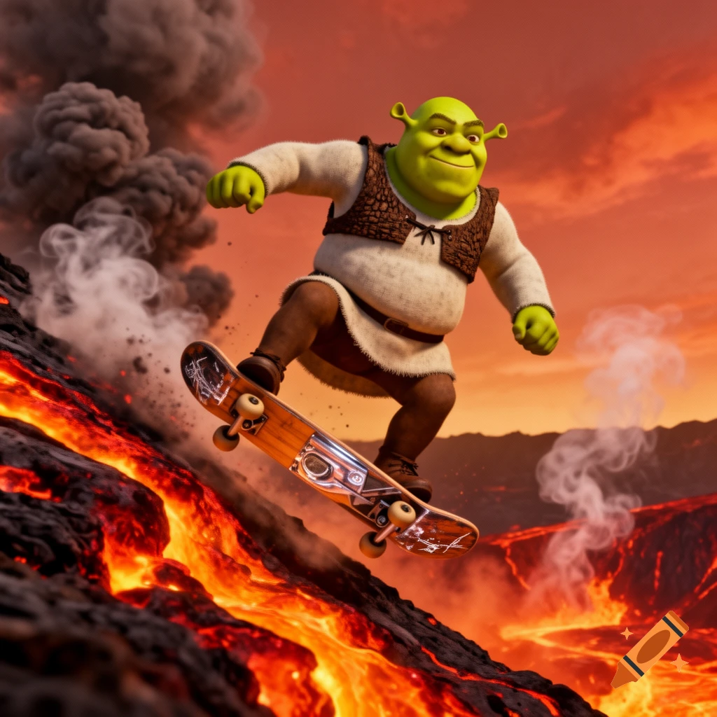 Shrek in a white tunic and brown vest skateboards down a lava-covered volcano with smoke rising in the background, against an orange sky. The style is 3D realistic.