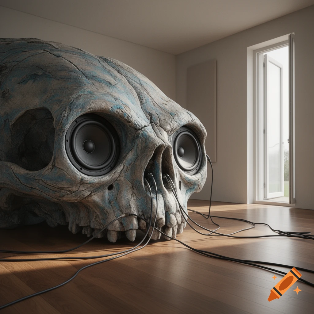 A massive, ancient-looking, cracked stone skull with black speakers in its eye sockets, wired on a wooden floor in a minimalist room.