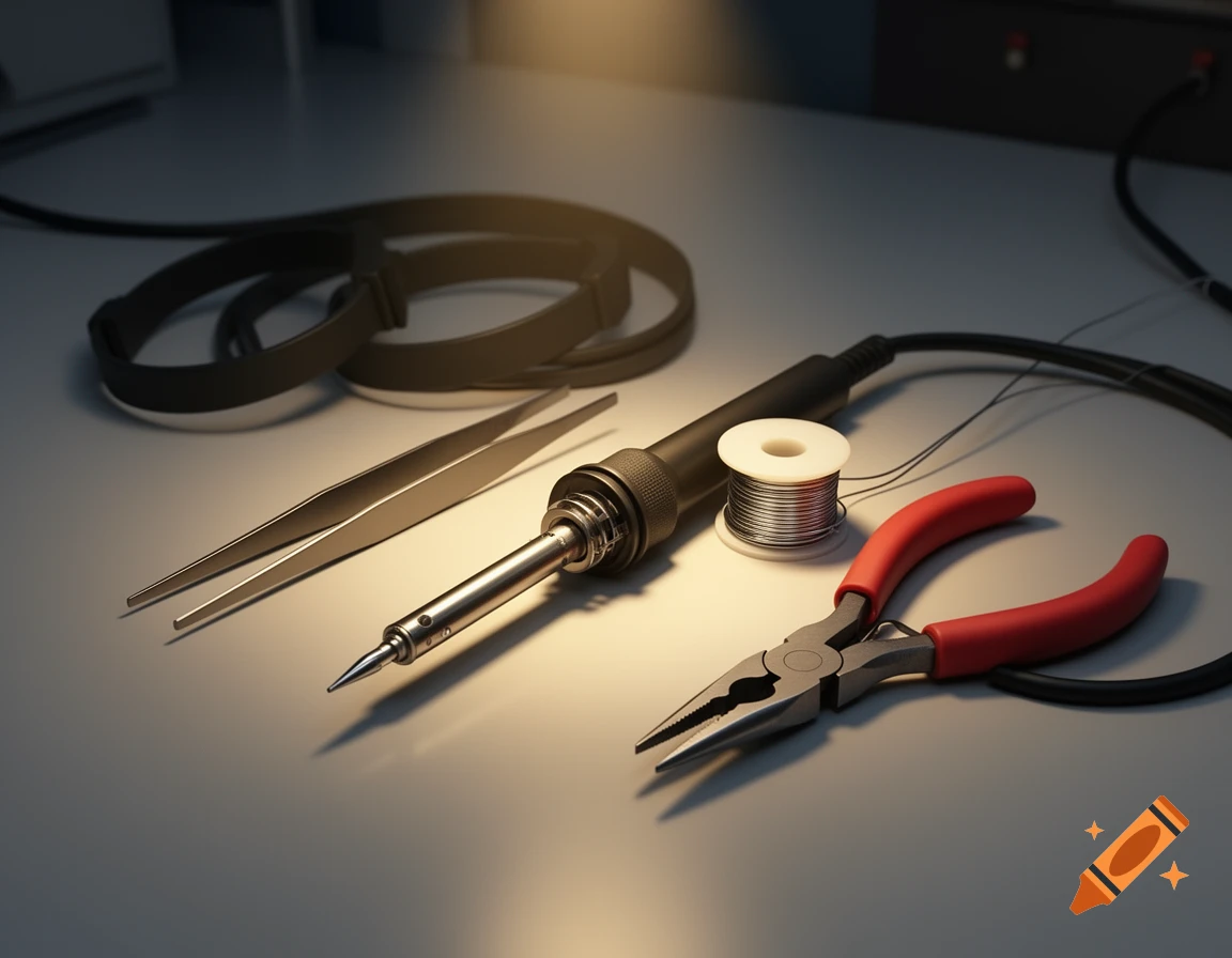 Soldering iron, solder wire, tweezers, and pliers on a workbench with warm lighting, set for electronic repair.
