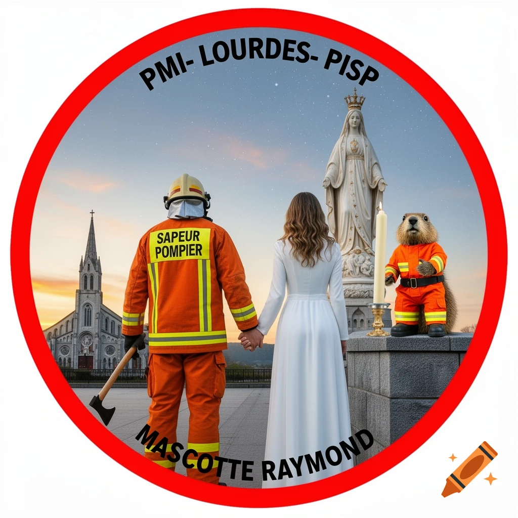A circular emblem depicts a firefighter and a woman holding hands, backs to the viewer, facing a Virgin Mary statue and a church. A marmot mascot in firefighter gear holds a candle. Text reads "PMI- LOURDES- PISP" and "MASCOTTE RAYMOND".