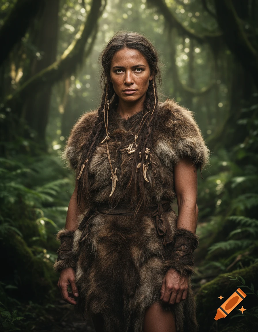 A hyper-realistic cinematic portrait of a prehistoric woman in fur clothing in a lush primeval forest.
