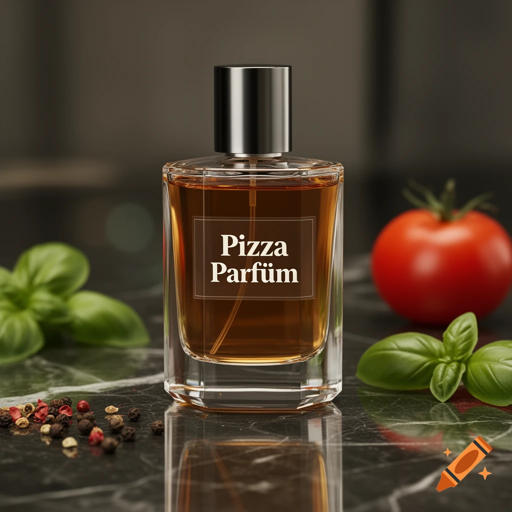 Photorealistic image of a 'Pizza Parfüm' perfume bottle on a marble surface, surrounded by basil, spices, and a tomato.