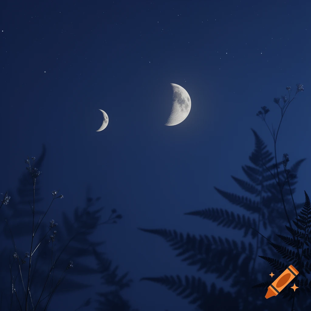 Two crescent moons and scattered stars illuminate a deep blue night sky, with silhouettes of ferns and plants in the foreground.