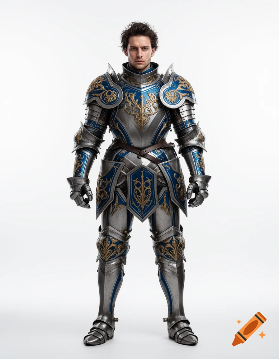 A man in ornate blue and gold knight's plate armor with no helmet, standing full body against a white background.