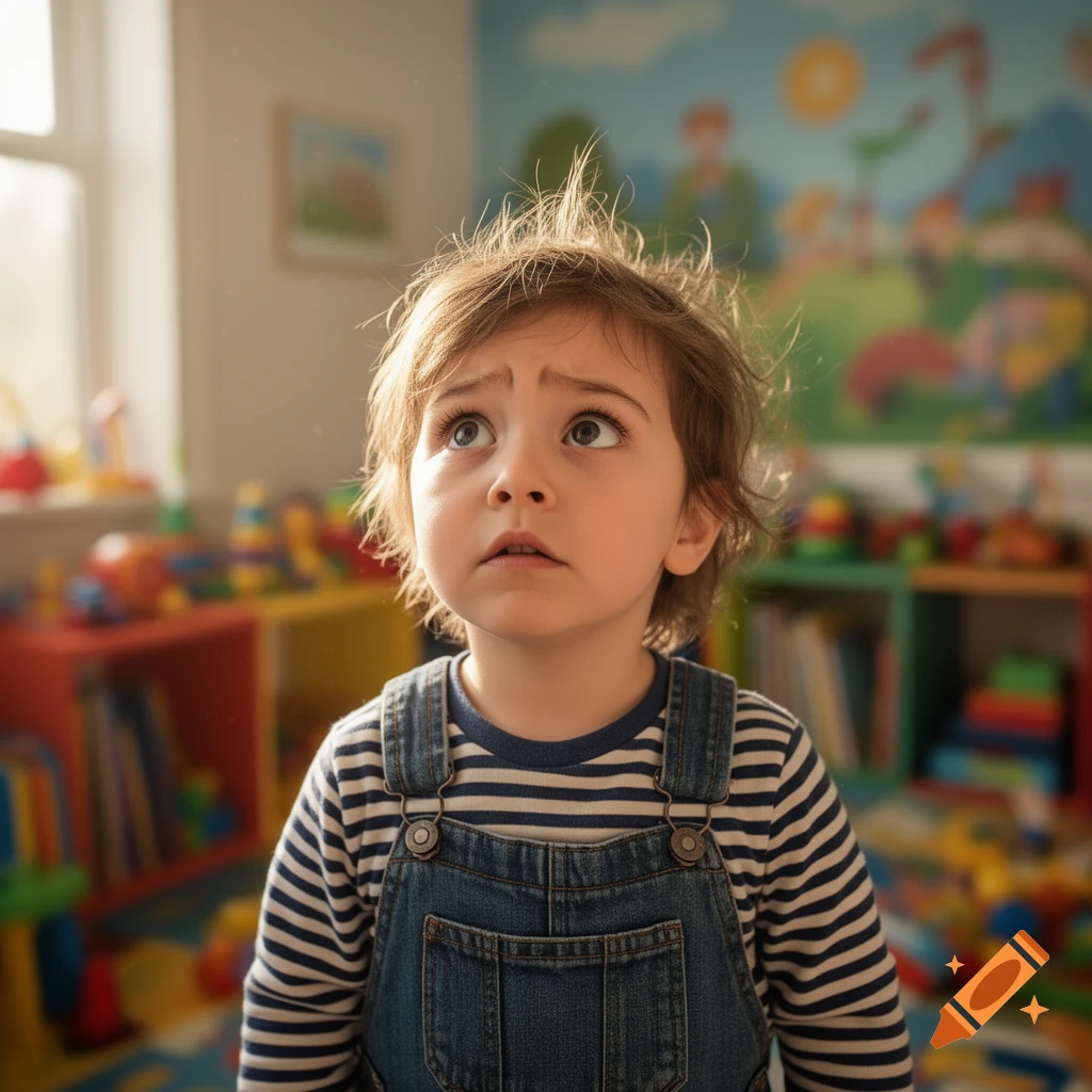 A young child with messy hair in denim overalls looks up with a curious expression in a colorful, brightly lit playroom.