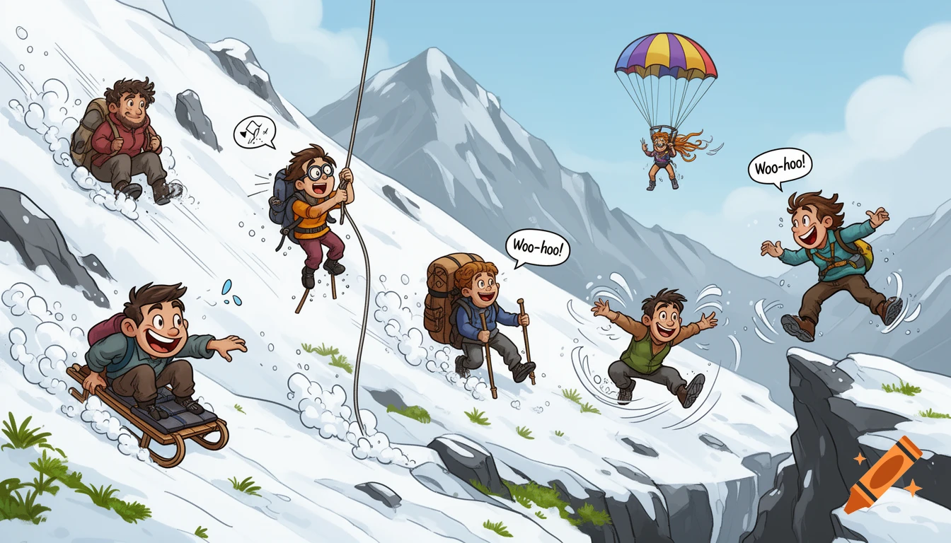 Cartoon illustration of several people descending a snow-capped mountain by sledding, rappelling, hiking, parachuting, sliding, and jumping.