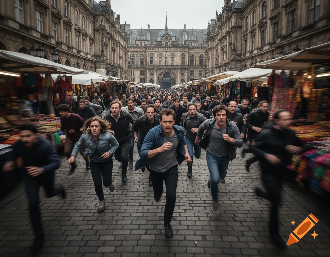 A large, anxious crowd of people, including men and a woman, run on a cobblestone street lined with market stalls in a historic city.