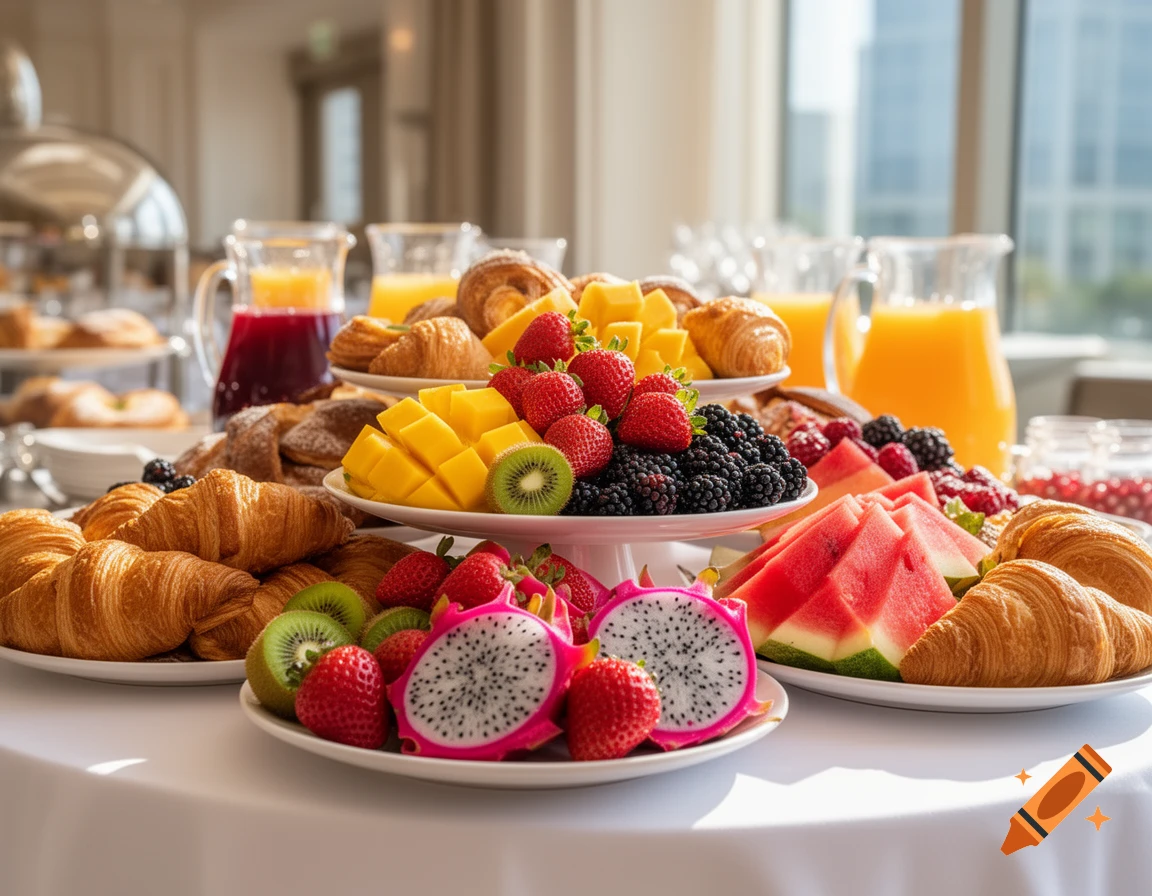 A lavish breakfast buffet with fresh sliced fruits like strawberries, dragon fruit, and watermelon, golden croissants, and juice pitchers on a white tablecloth.