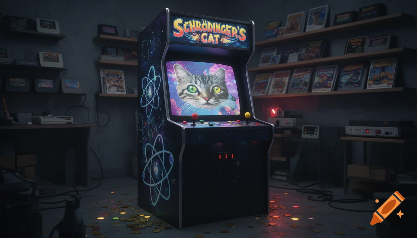 Photorealistic image of an arcade game 'Schrödinger's Cat' featuring a cat's face on screen, in a dimly lit room with shelves of games.