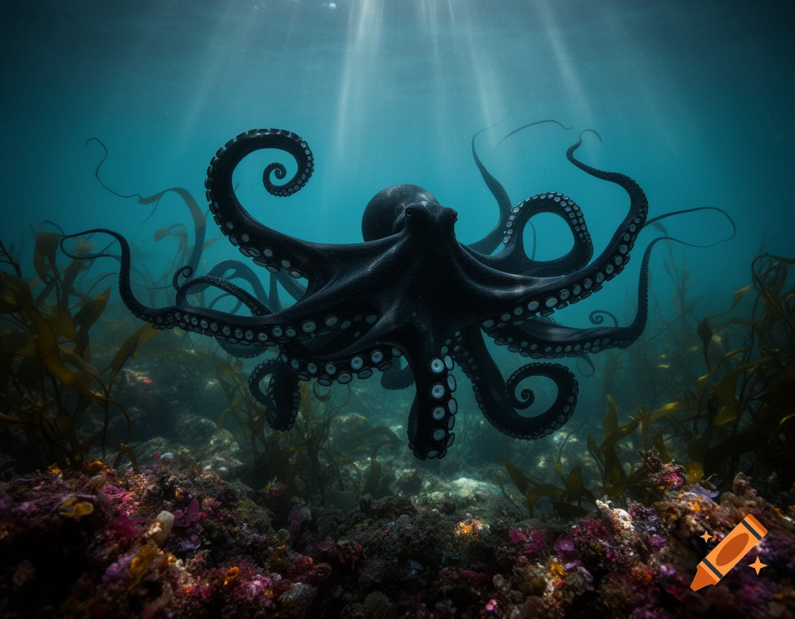 A large, dark octopus floats above colorful coral and kelp in sunlit blue ocean water.