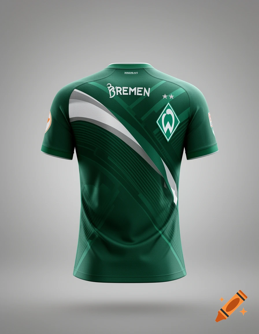 Back of a dark green football jersey with white and grey stripes, 'BREMEN' text, and Werder Bremen logo.