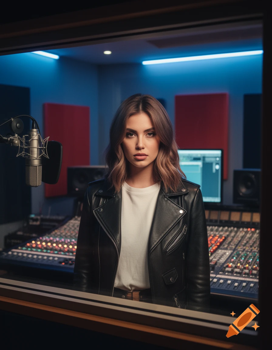 A woman with brown hair, wearing a black leather jacket and white t-shirt, stands in a modern recording studio behind a mixing board and microphone.