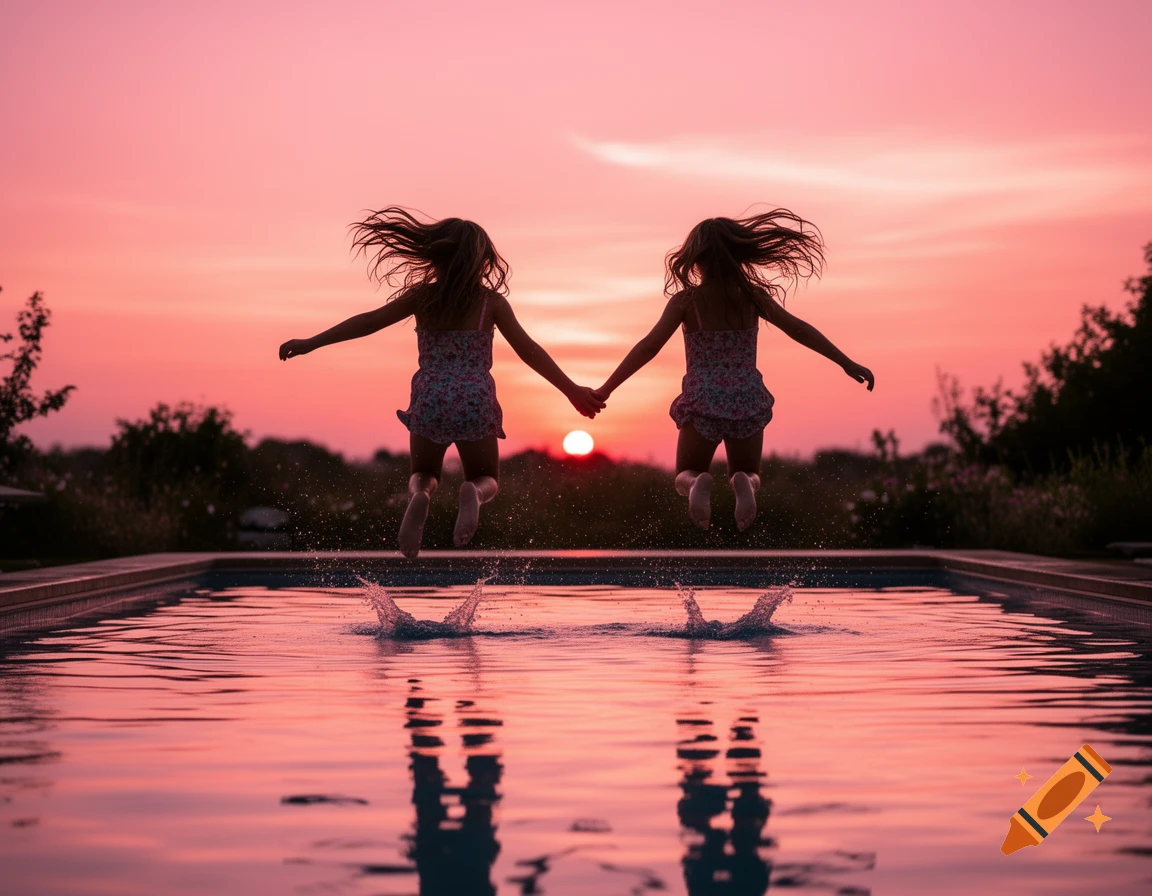 Two silhouetted girls hold hands while jumping into a pool at a vibrant pink and orange sunset.