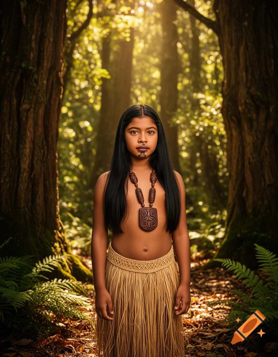 A young Maori girl with facial tattoos and a traditional grass skirt stands in a sunlit forest.