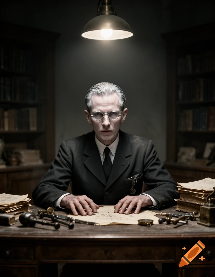 A gaunt, elderly man with slicked-back gray hair and round glasses sits at a dark wooden desk under a lamp, hands resting on a document.