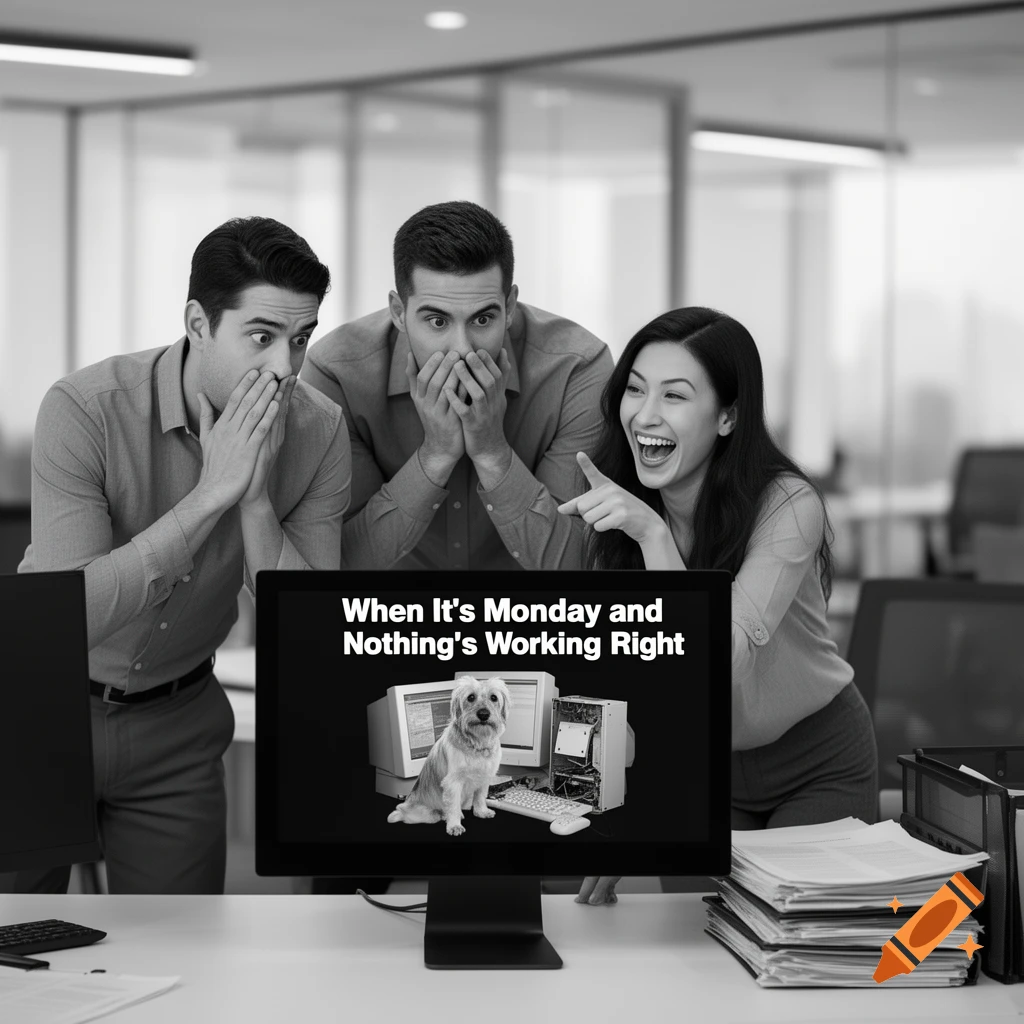 Three people in an office reacting to a meme on a computer screen that says 'When It's Monday and Nothing's Working Right'.