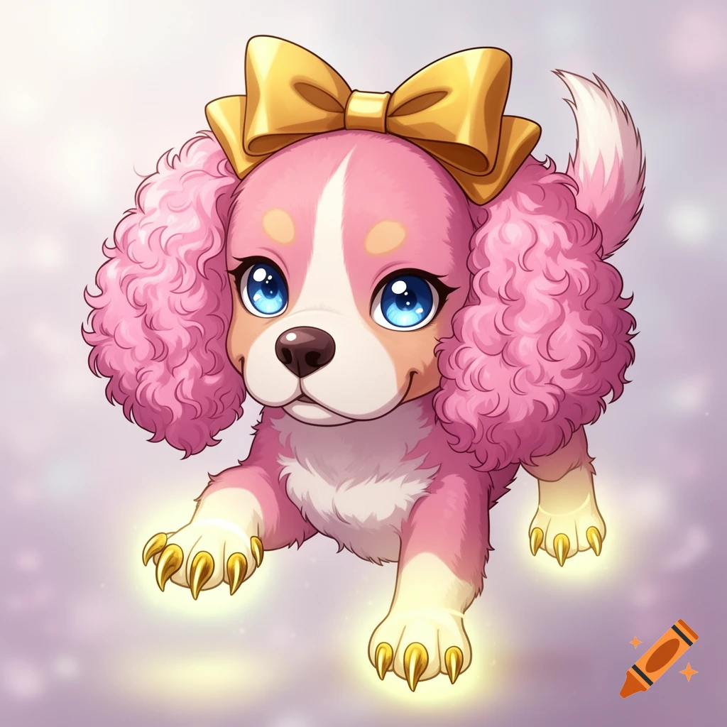 A cute pink cartoon puppy with curly fur, a gold bow, blue eyes, and glowing golden claws.