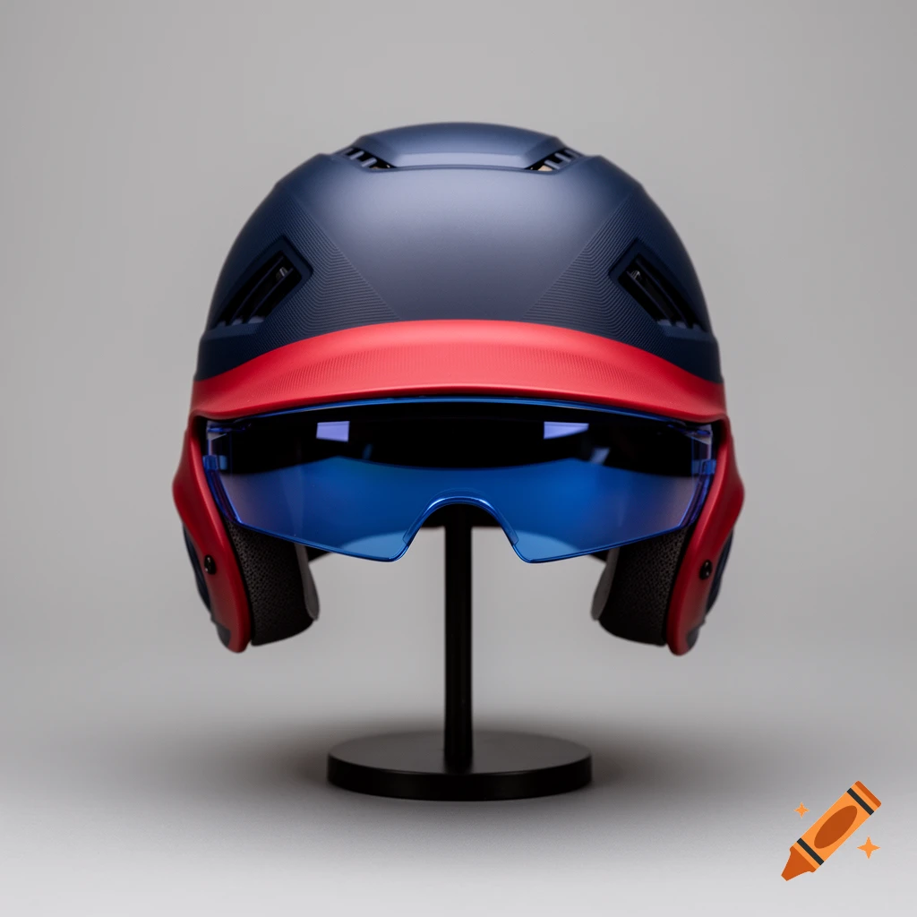 A navy blue baseball helmet with a red trim and a blue visor, displayed on a black stand.