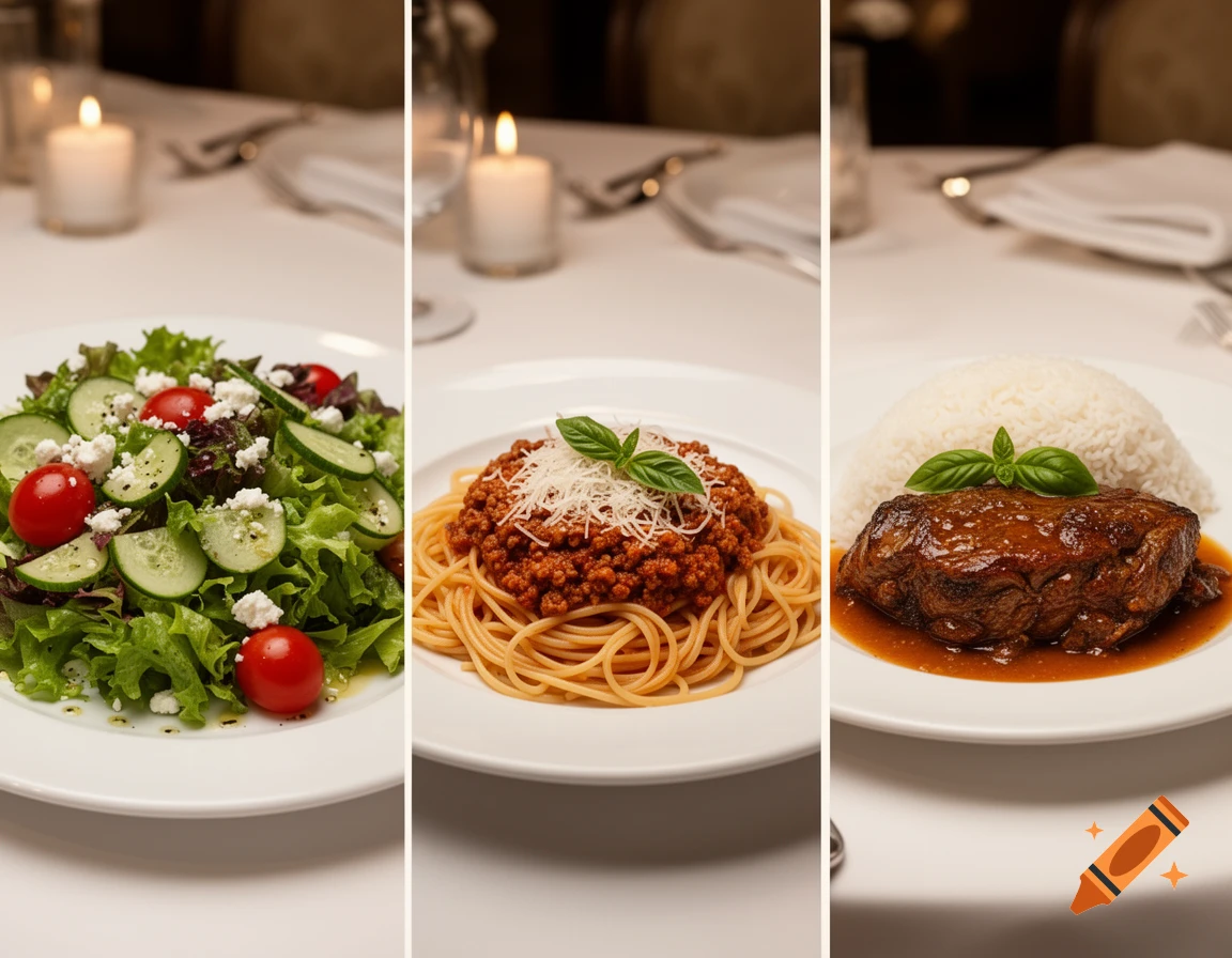 Three main courses on a white table: a green salad, spaghetti bolognese, and a meat dish with rice, in a restaurant setting.