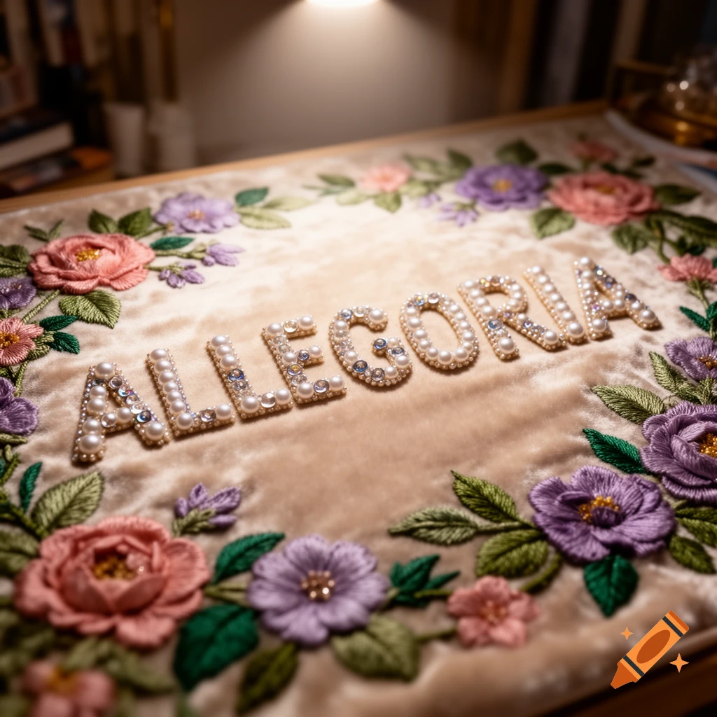 Embroidered word 'ALLEGORIA' in pearls and sequins on velvet, surrounded by pink and purple flowers.