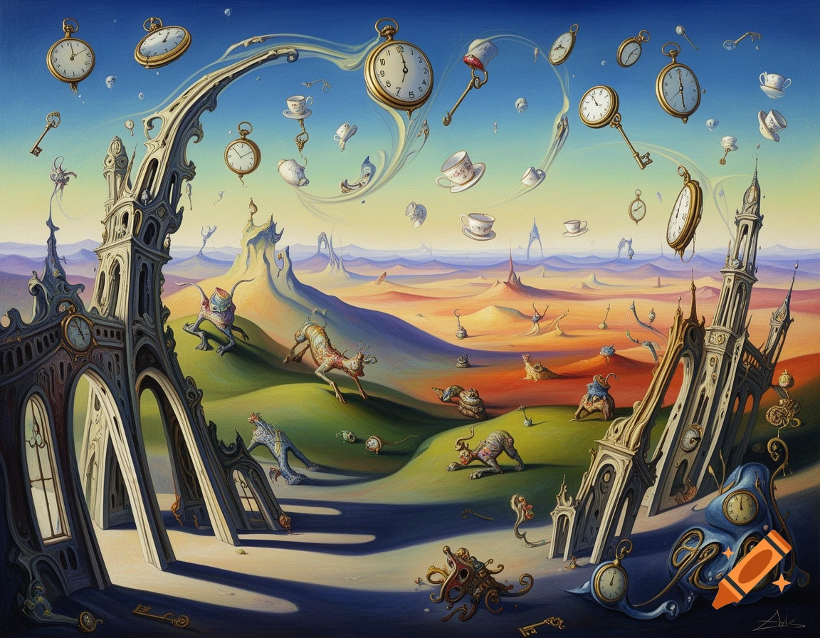 Surreal painting of a dreamlike landscape with melting clocks, floating ...
