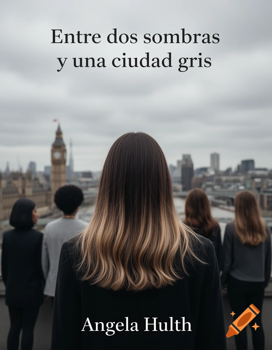 Back view of a woman with ombre hair looking at the London skyline with Big Ben, with four friends in the blurry background. Book title text 'Entre dos sombras y una ciudad gris' and author 'Angela Hulth' are superimposed.