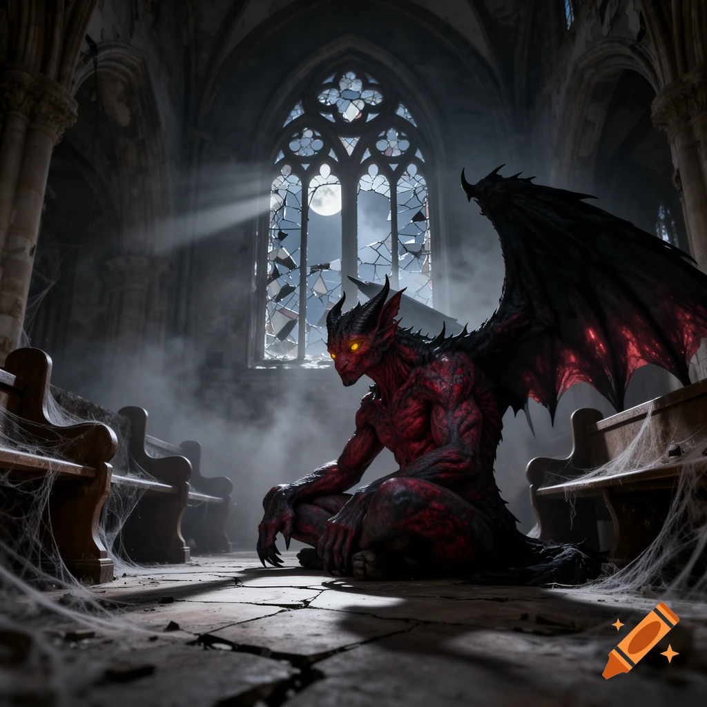 Red-skinned demon with horns and black wings sitting in a ruined gothic church, moon shining through a broken stained-glass window.