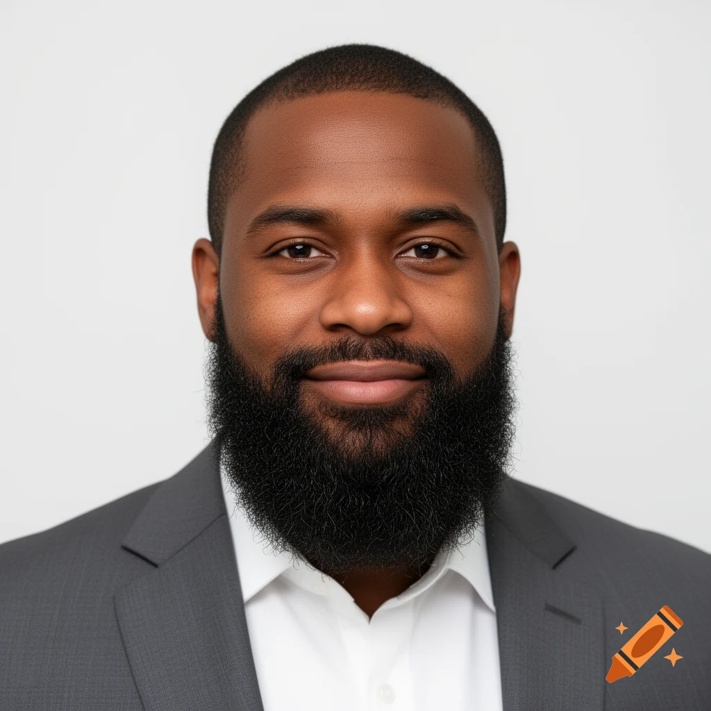 Photorealistic portrait of a smiling Black man with a full beard in a grey suit and white shirt, against a white background.