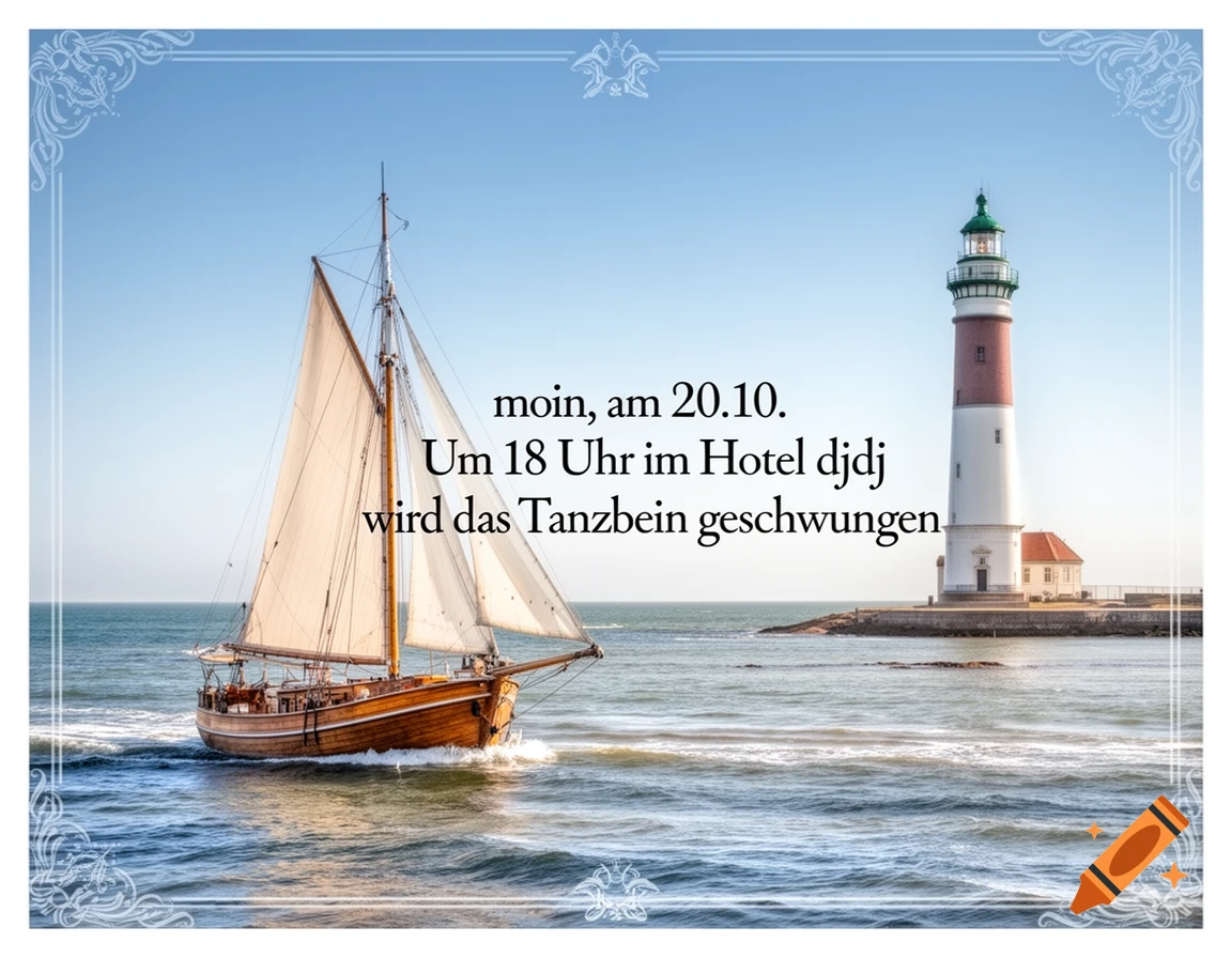 Classic wooden sailboat on blue water near a red and white lighthouse on a rocky coast, clear sky, invitation text.