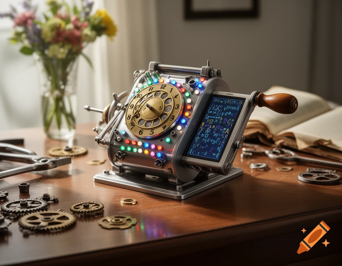 A close-up of an intricate, fantastical steampunk-style device with a rotary dial, colorful lights, and a screen displaying gibberish, on a wooden table with gears and a vase of flowers.