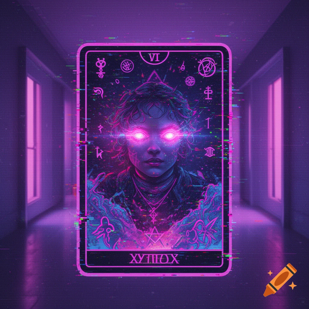 A vibrant tarot card with glowing pink eyes and glitch effects, set in a purple liminal space, rendered in a weirdcore style.