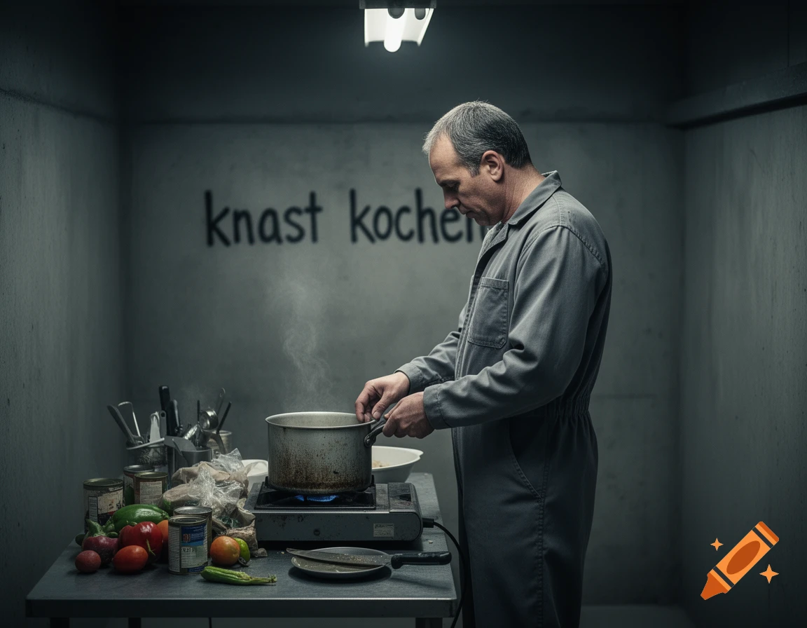 A man in a gray jumpsuit cooks on a portable stove in a stark concrete room with 'knast kochen' on the wall. Photorealistic.