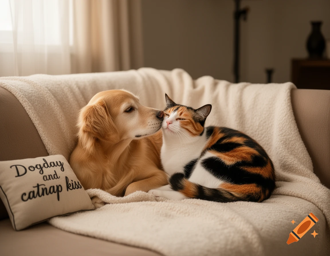 A golden retriever nuzzles a calico cat on a cream blanket on a couch, with a pillow reading 'Dogday and catnap kiss'.