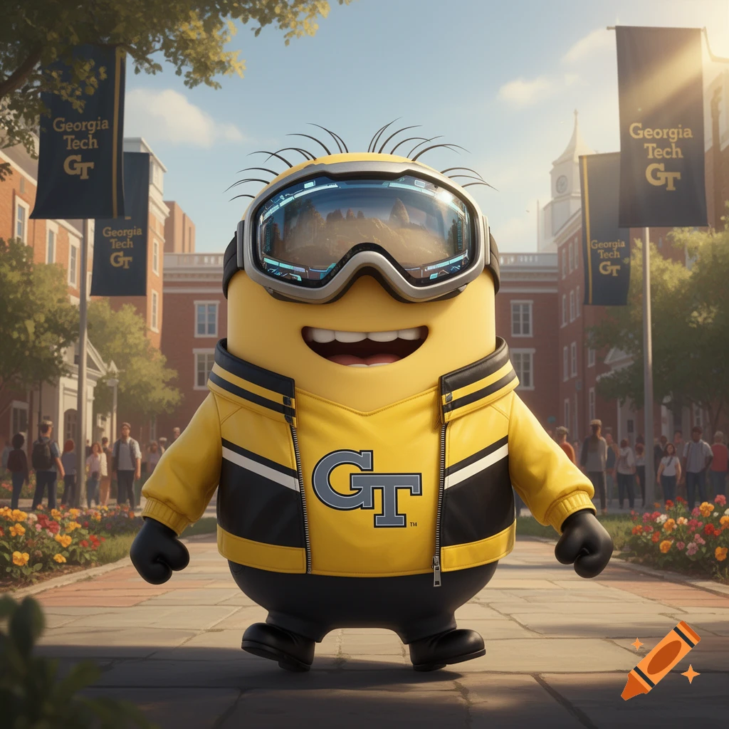 A yellow Minion wearing a yellow and black Georgia Tech jacket with a 'GT' logo and reflective ski goggles stands on a sunny college campus with 'Georgia Tech' flags.