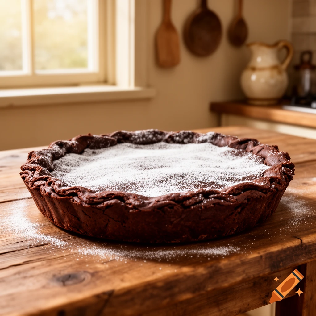 A rich dark chocolate pie dusted with powdered sugar on a rustic wooden table in a sunlit kitchen.