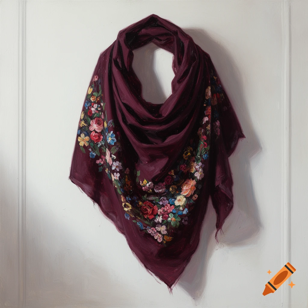 An oil painting of a dark burgundy headscarf with colorful floral patterns, draped against a white wall.