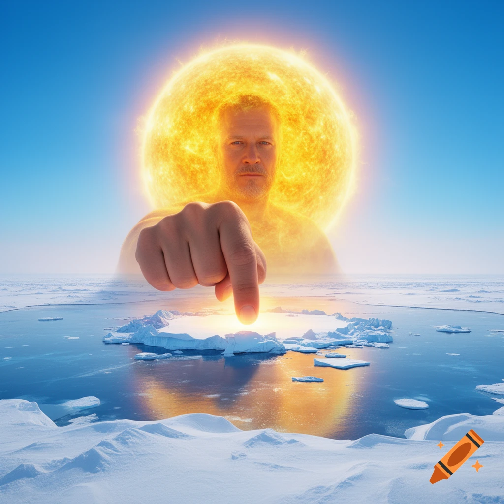 A glowing sun with a man's face and arm superimposed, pointing a finger at a shimmering spot on an icy arctic landscape under a clear blue sky.