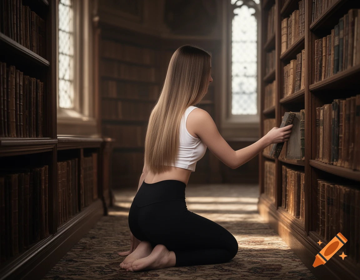 A young woman with long blonde hair kneels in a historic library, reaching for a book on a shelf, photorealistic.