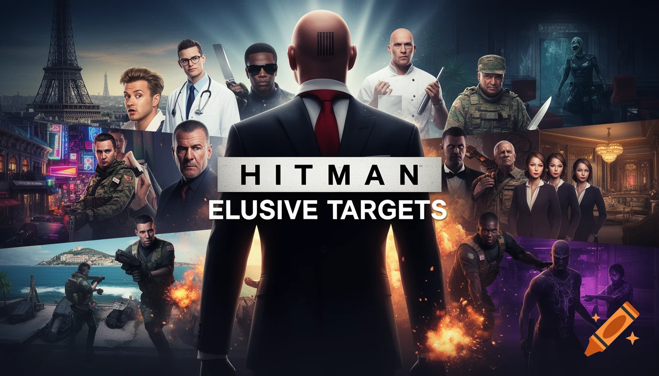 Cinematic poster for Hitman: Elusive Targets featuring Agent 47 surrounded by a collage of diverse characters and locations.