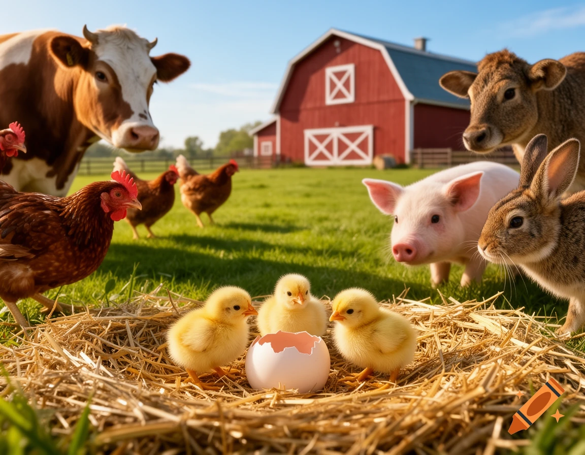 Photorealistic image of three yellow chicks in a nest with an eggshell, surrounded by farm animals and a red barn in a green field.