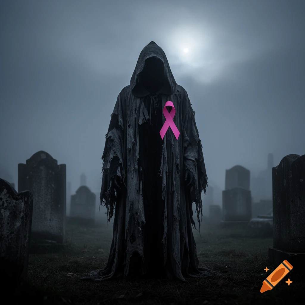 A dark, hooded Grim Reaper figure stands in a foggy graveyard, wearing a pink cancer awareness ribbon on its chest.